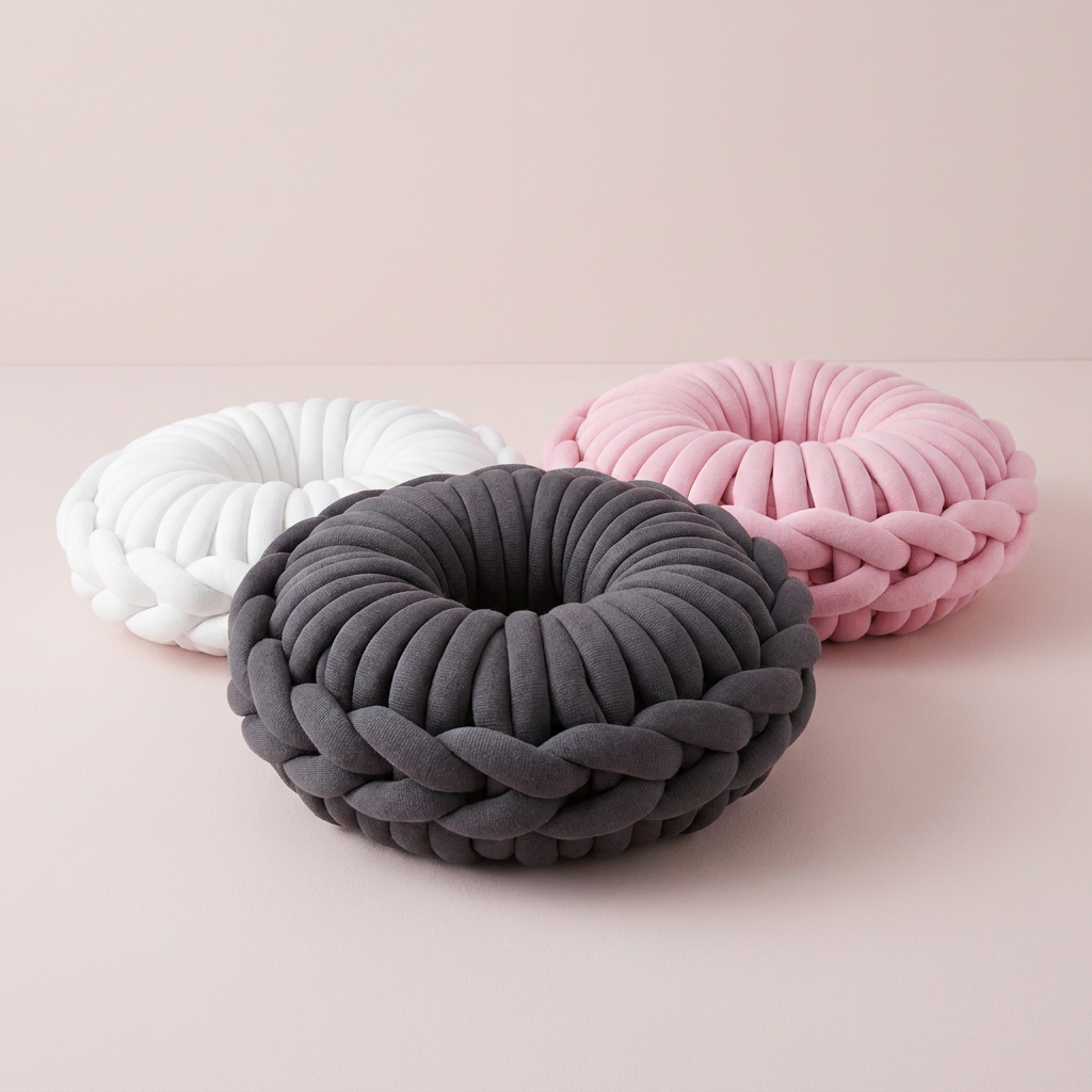 Three round braided donut pilliws  in white, dark gray, and light pink, arranged on a soft blush pink studio background. Made of chunky cotton yarn