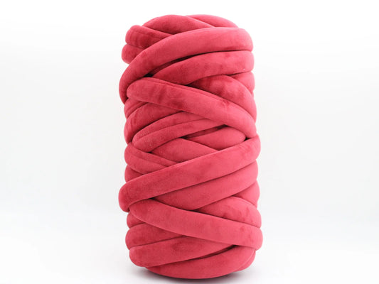 Burgundy chunky velvet yarn in a white background
