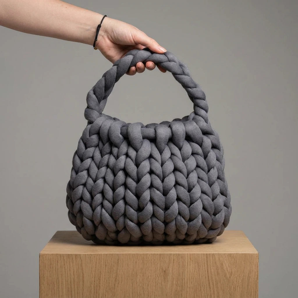 A hand holds a chunky knit gray shoulder bag made with tube yarn with a braided top handle, displayed on a light wood block against a neutral gray background.
