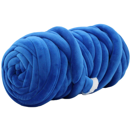 A  blue chunky velvet yarn photographed on a clean white background.