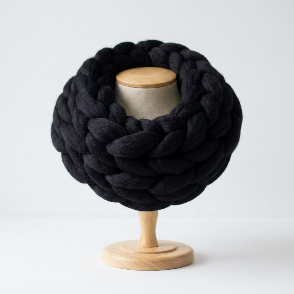 A chunky meirno wool black braided infinity scarf displayed on a light wood mannequin stand against a clean white background.