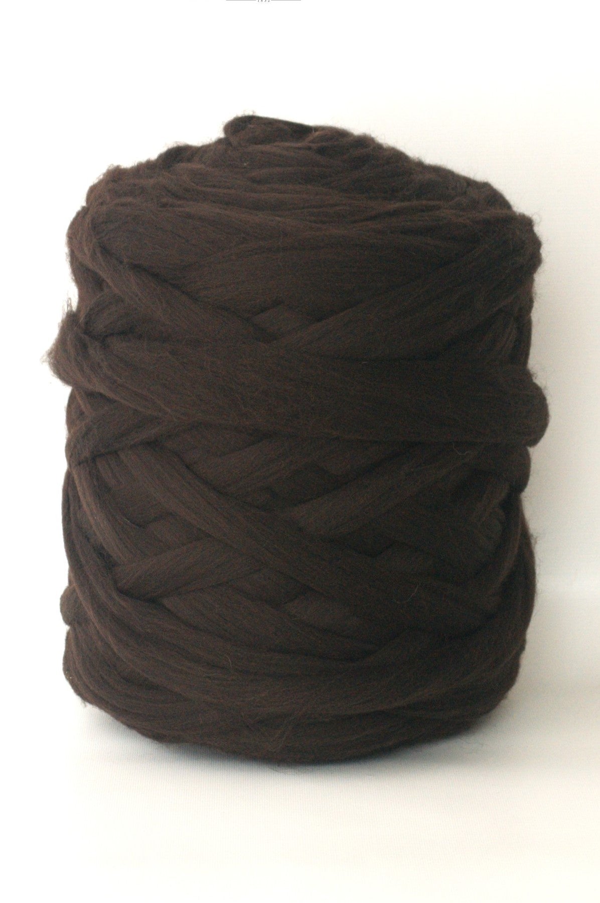 Ball of dark brown  chunky wool yarn on a white background