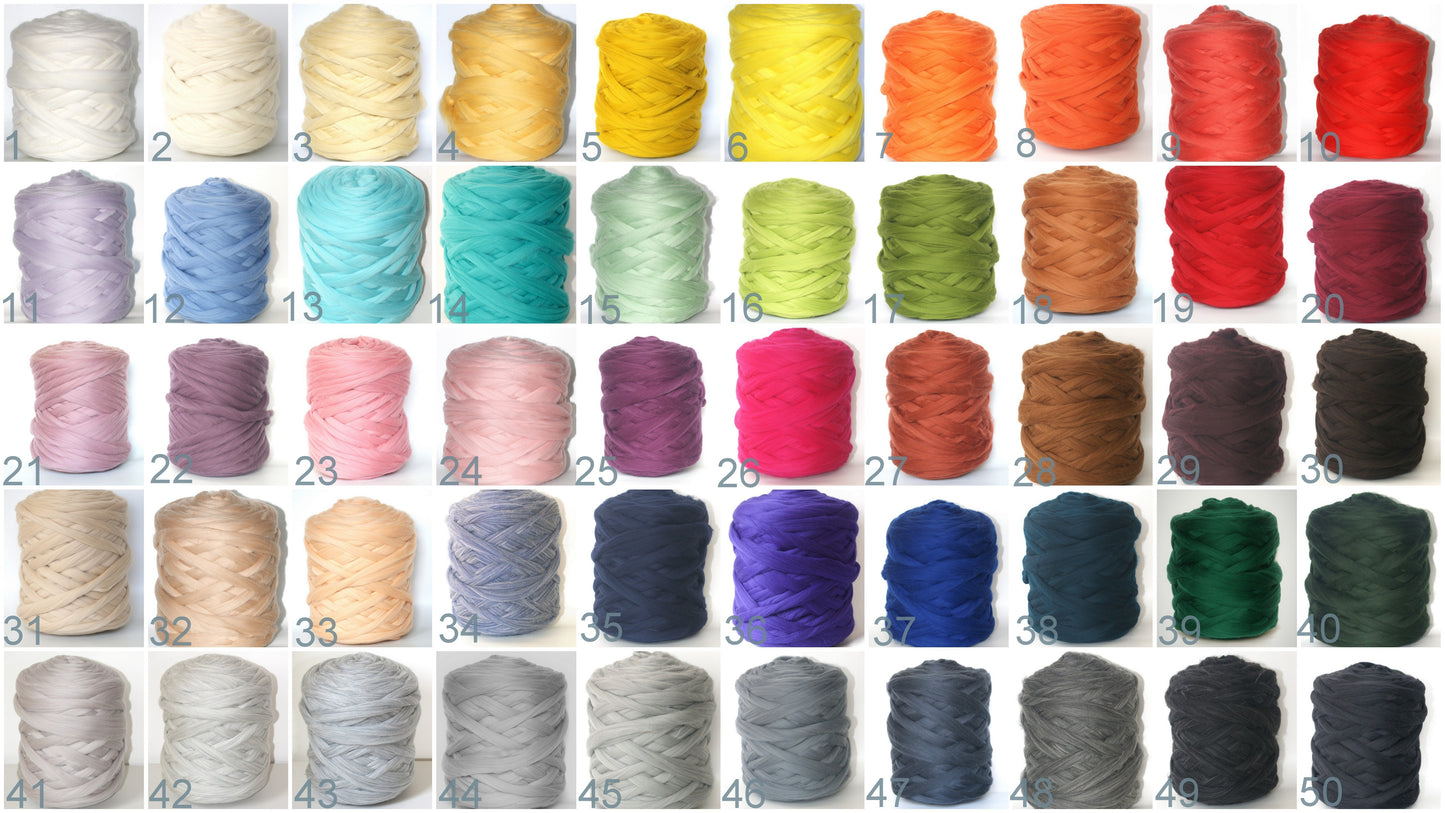 A grid of 50 spools of yarn in a wide range of colors, numbered 1 through 50, arranged in five rows on a white background.