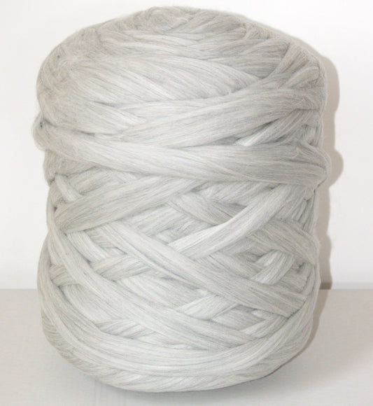 Large ball of light gray yarn on a white background