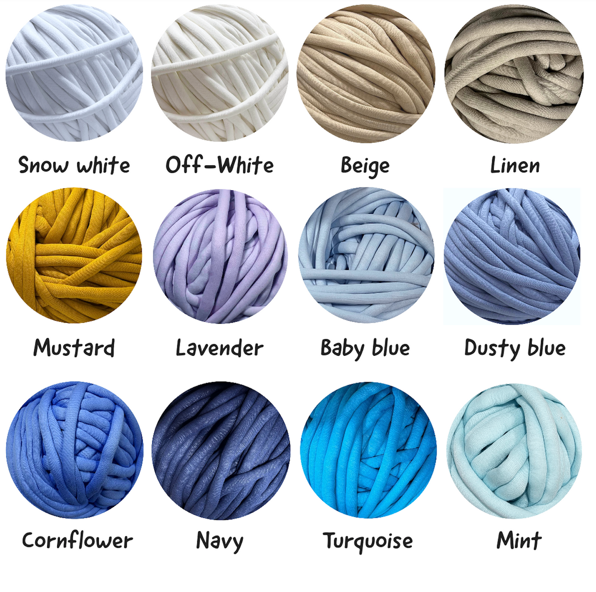 A color chart showing 12 balls of thick plush cord yarn in different colors, labeled with names like Snow white, Off-White, Beige, Linen, Mustard, Lavender, Baby blue, Dusty blue, Cornflower, Navy, Turquoise, and Mint on a white background.