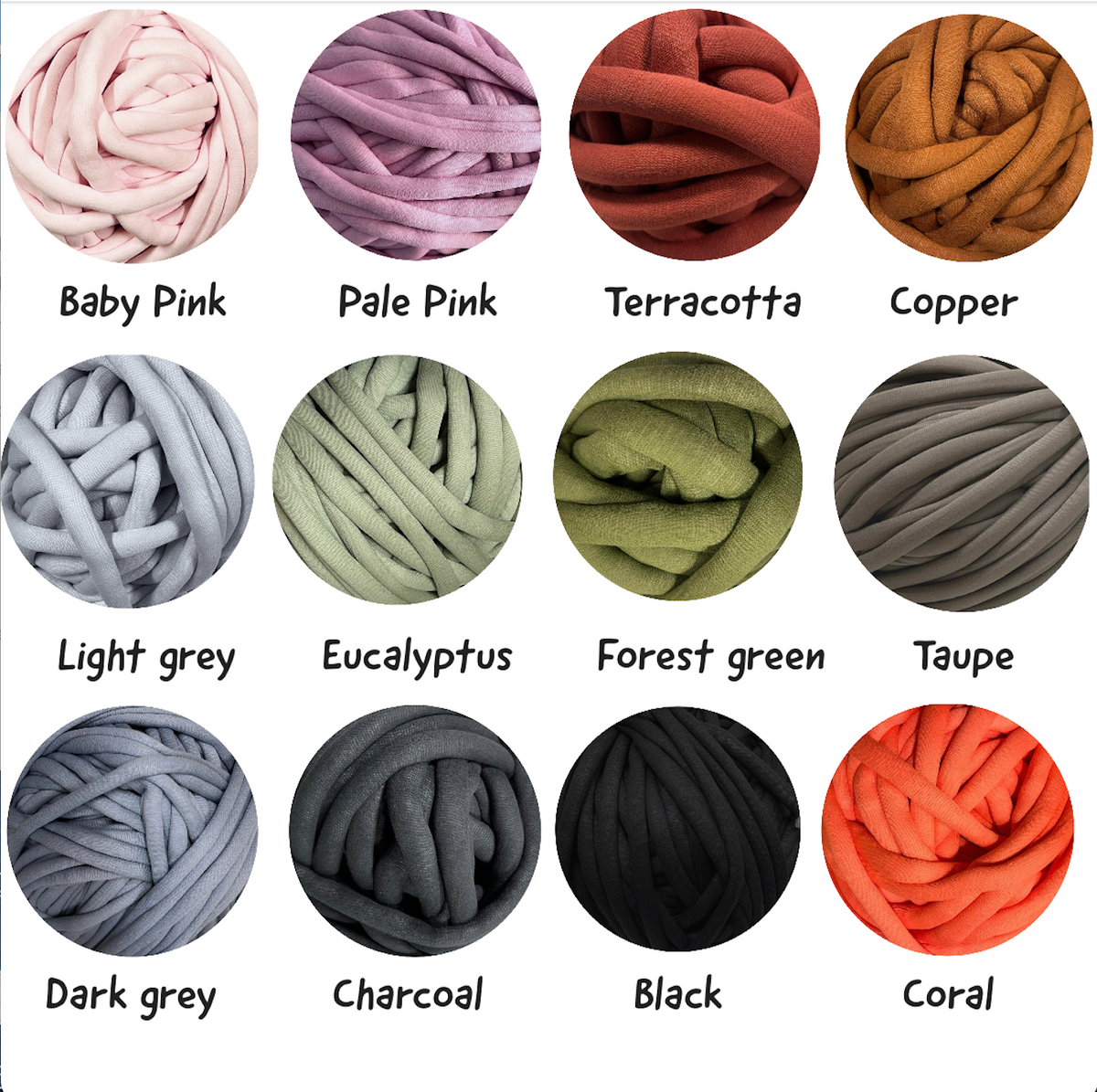 A color chart showing 12 thick plush yarn balls arranged in a 3x4 grid on a white background, each labeled with its color name: Baby Pink, Pale Pink, Terracotta, Copper, Light grey, Eucalyptus, Forest green, Taupe, Dark grey, Charcoal, Black, and Coral.