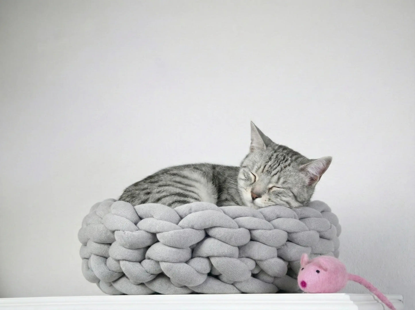 A gray tabby cat sleeping comfortably inside a chunky, braided light gray pet bed, with a small pink toy mouse nearby on a white surface against a plain light gray background.