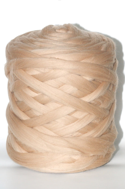 Ball of dark beige chunky yarn on a white background