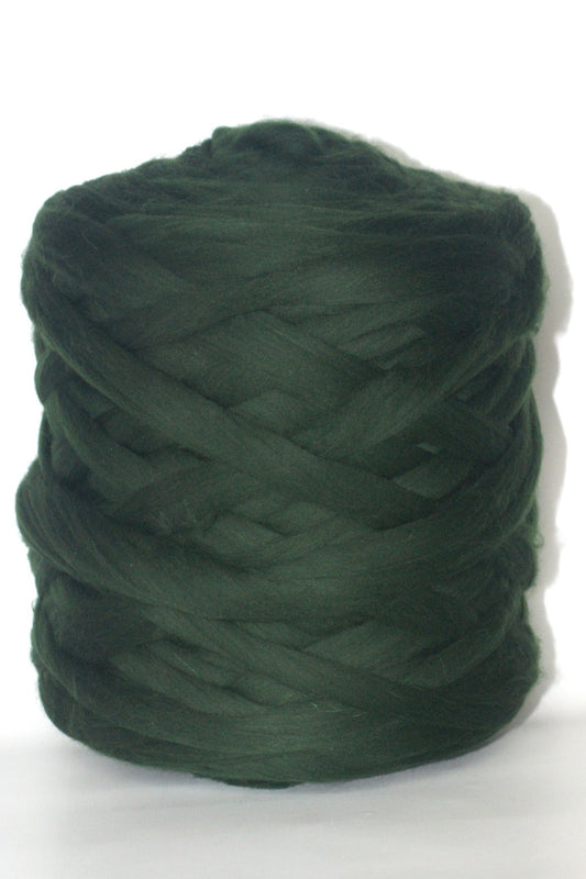 Hunter Green skein of chunky wool yarn on a white background