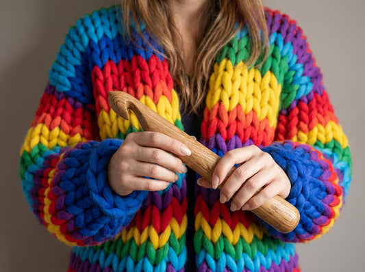 A person wearing a chunky rainbow striped crochet cardigan and holding a wooden crochet hook, shown in a close-up shot against a neutral background.