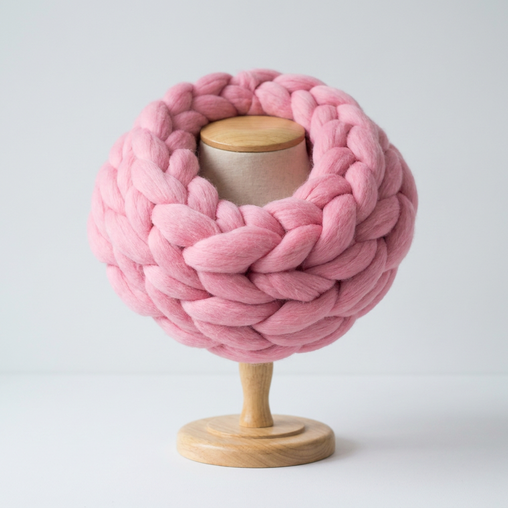A chunky, thick-knit pink merino wool scarf displayed on a light wood mannequin stand against a clean white background.