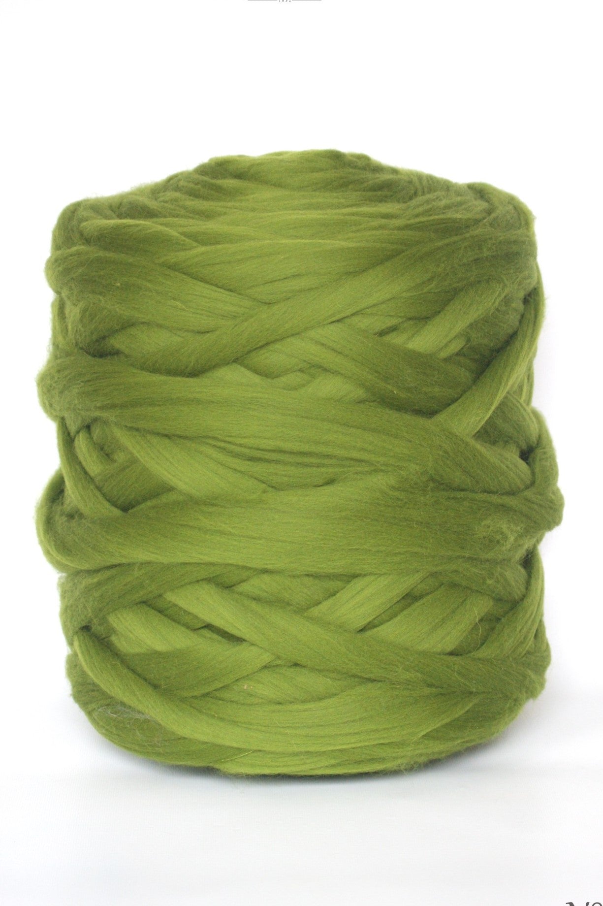 Moss green skein of chunky wool yarn on a white background