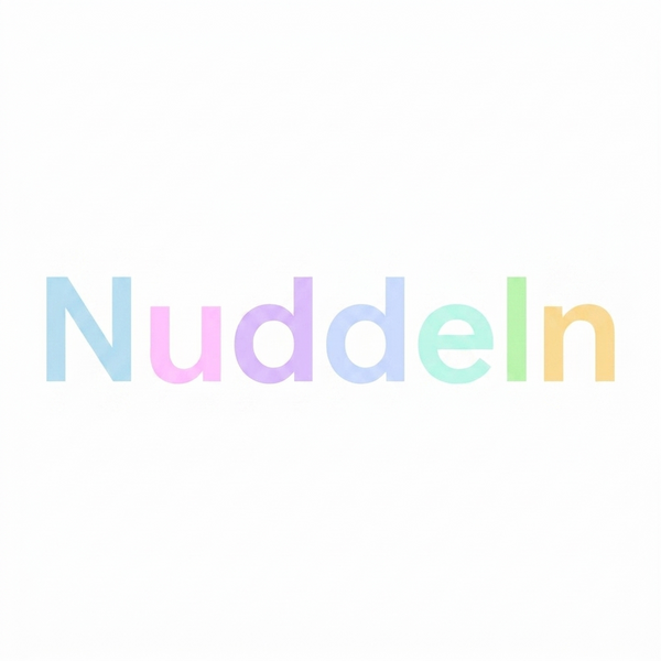 The word 'nuddeln' is centered on a plain white background, with each letter in a soft pastel color: light blue, pink, lavender, mint green, and pale yellow.