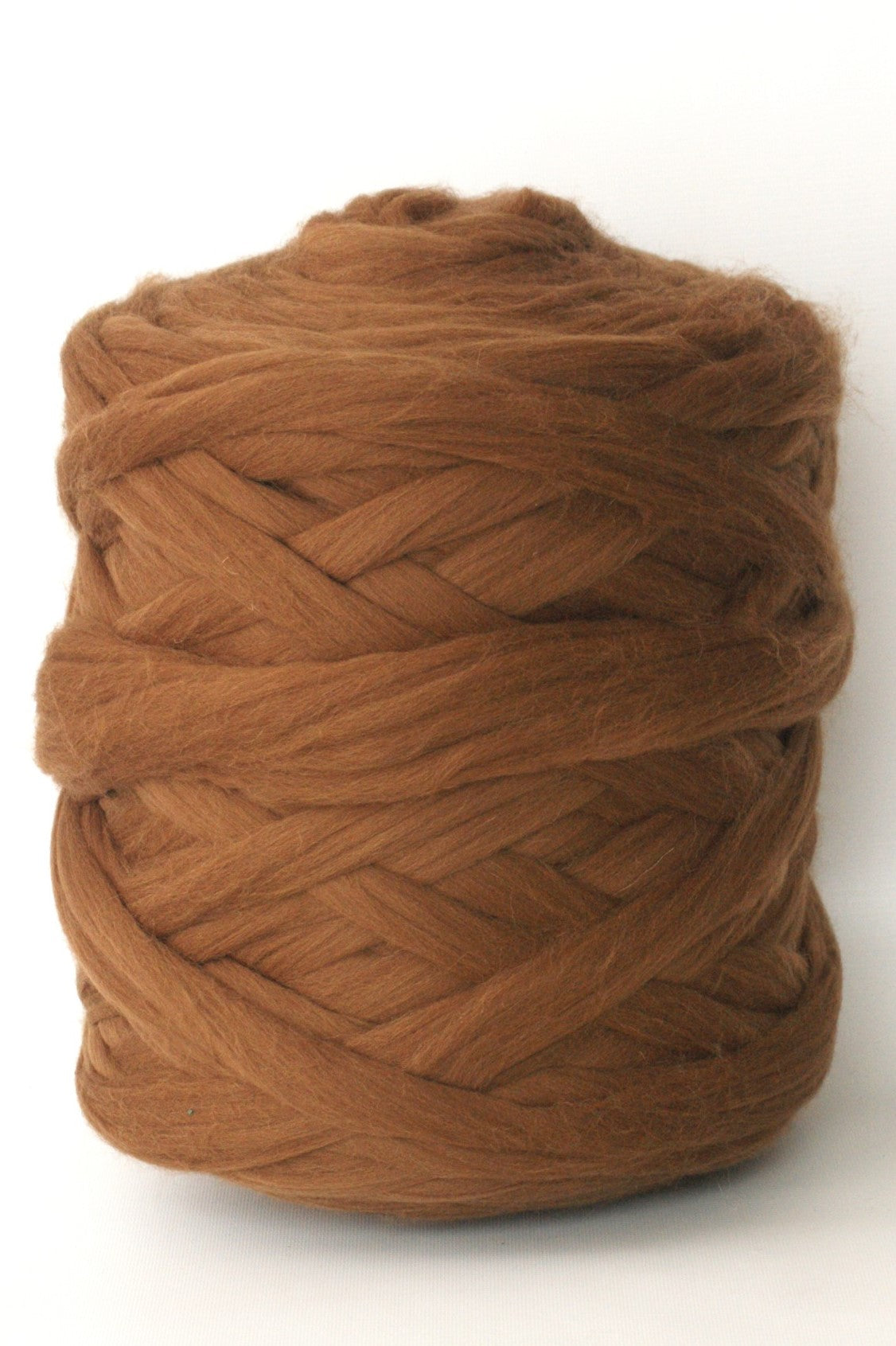 Brown chunky wool yarn ball on a white background