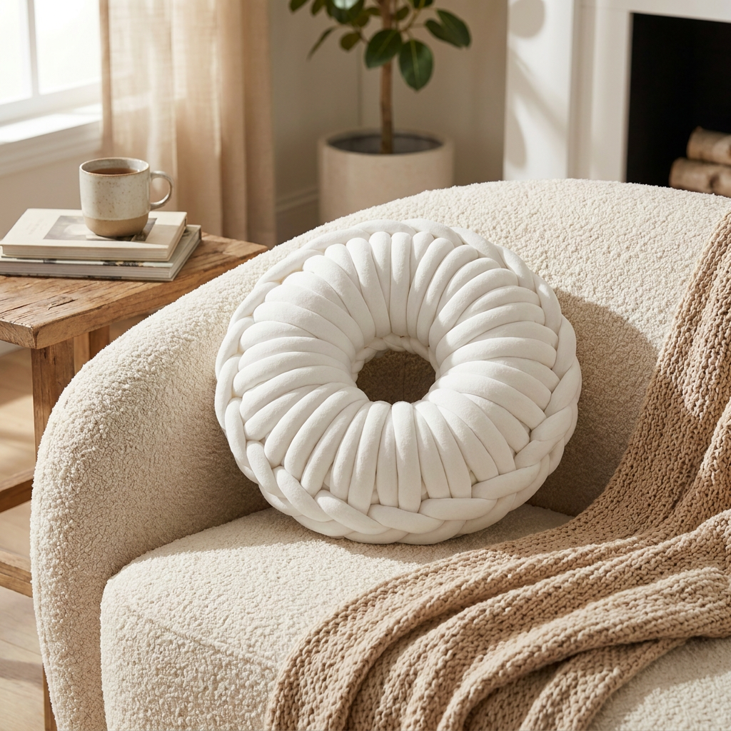 A round, braided white throw pillow styled on a cozy beige armchair with a knit blanket, in a warm, sunlit living room setting. Made of chunky cotton yarn